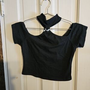 Black Cold-Shoulder Crop Top with Choker Detail